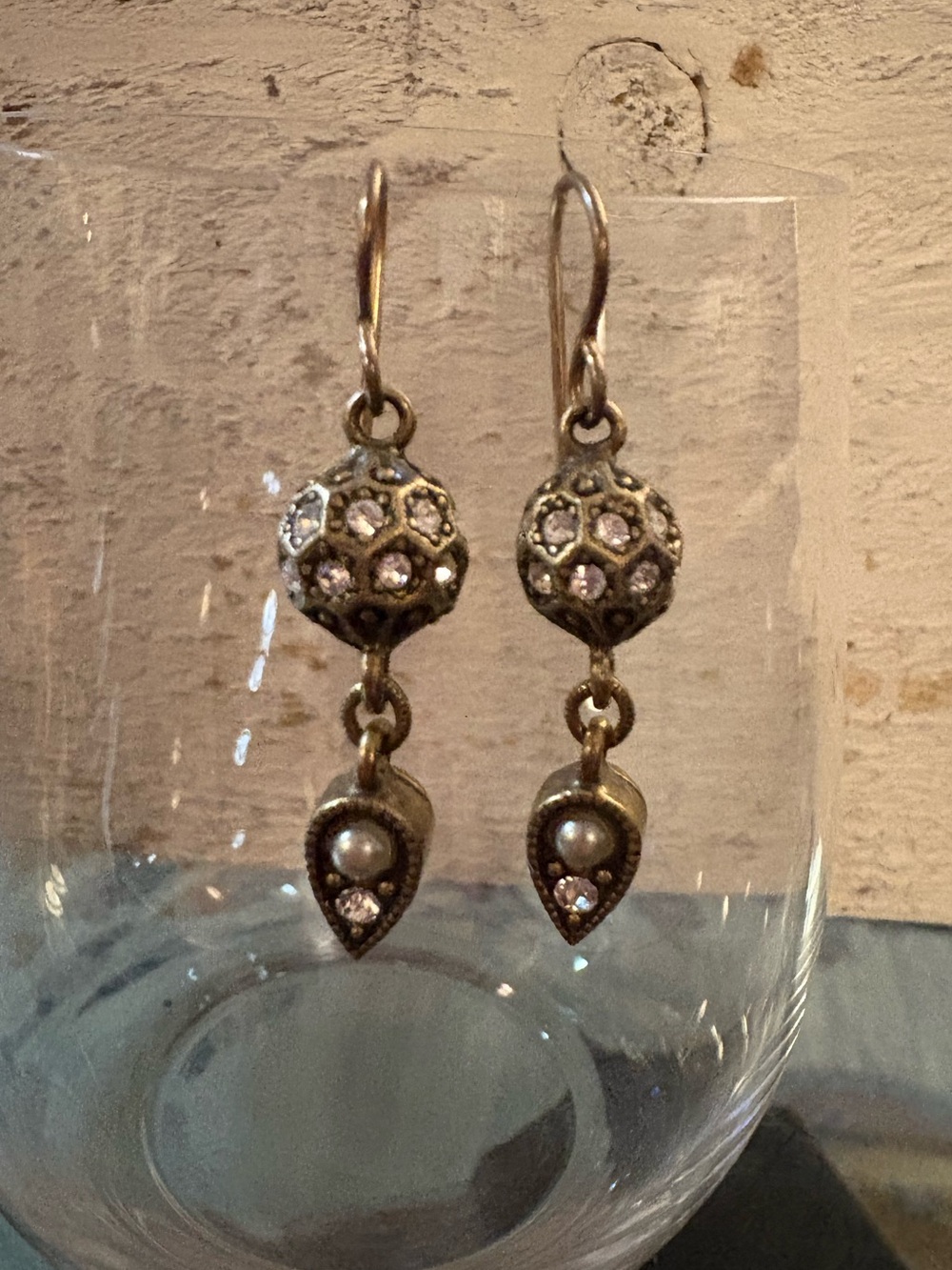Patricia Locke Stamped Vintage-Inspired Gold Drop Earrings with Pearl & Crystal